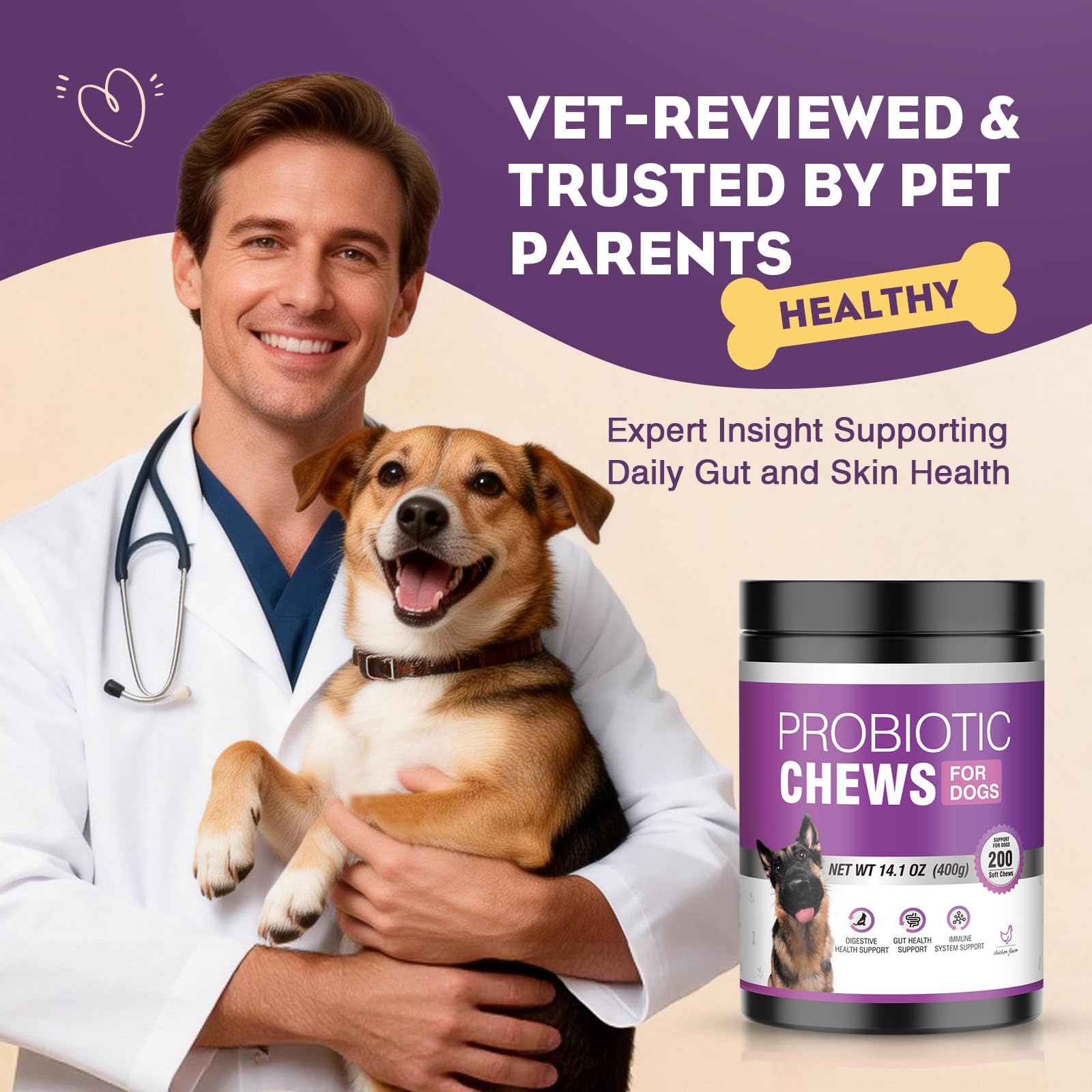 Probiotics for Dogs 200pcs Dog Probiotics for Digestive Health Digestive Enzymes and Prebiotic, Probiotic Chews for Dogs Support Gut Health, Relieve Diarrhea, Itchy Skin, Enhance Immunity — view 8
