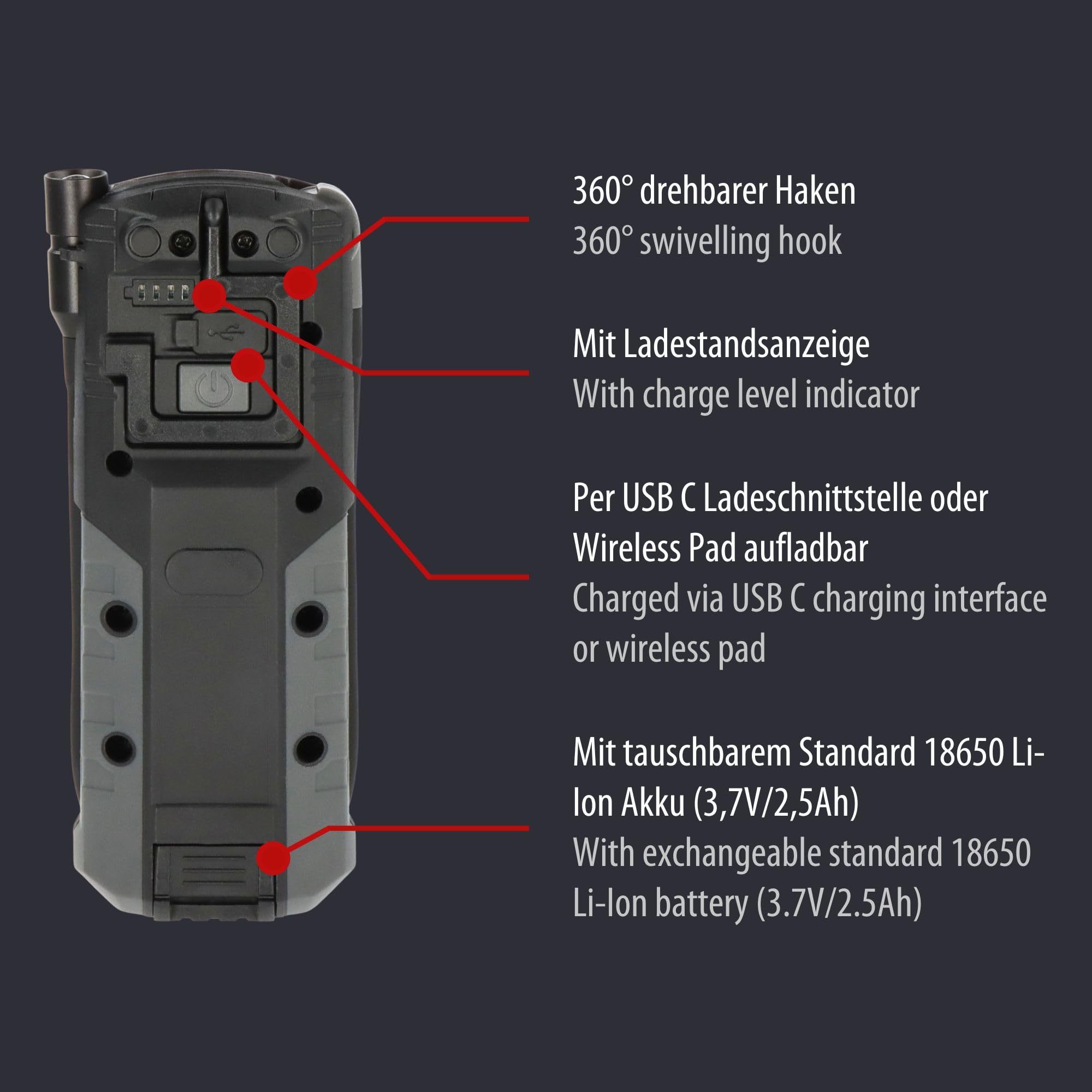 Brennenstuhl Torcia LED professionale a batteria HL 1000 ACW (lampada da lavoro 1000 + 380 lm con durata massima 12 ore, gancio girevole a 360°, magnete, batteria sostituibile, ricarica wireless, cavo