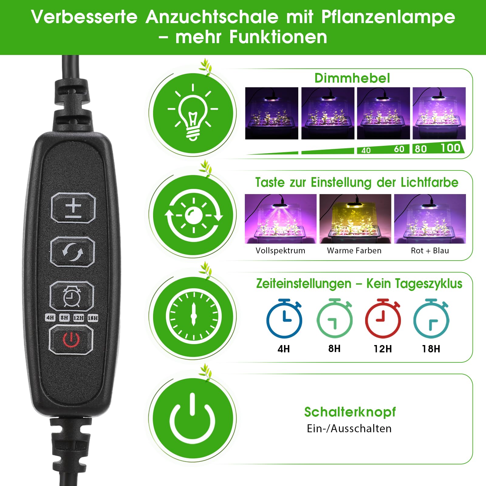 Anzuchtschale mit Wachstumslicht, 3 Lichtmodi Vollspektrum LED Pflanzenlampe, 5 Helligkeitsstufen Timer, Mini Gewächshaus für Fensterbank, Anzuchtset für Samen Kräuter Gemüse Stecklinge (6, Grün)