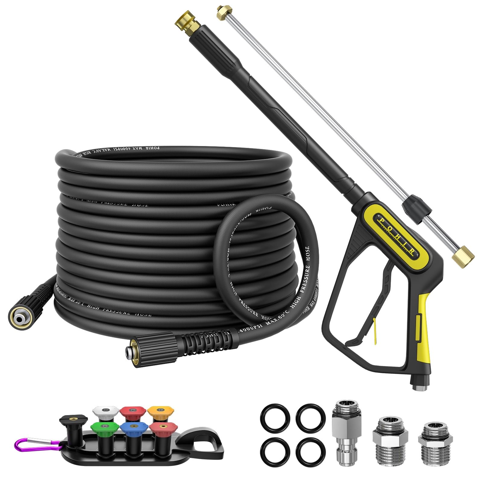 POHIR Pistola de lavado a presión de 5000 PSI y manguera de 50 pies, varita de extensión de 40 pulgadas de longitud ajustable, kit con enchufe giratorio de 3/8 pulgadas y ajuste M22-14/15 mm y 5