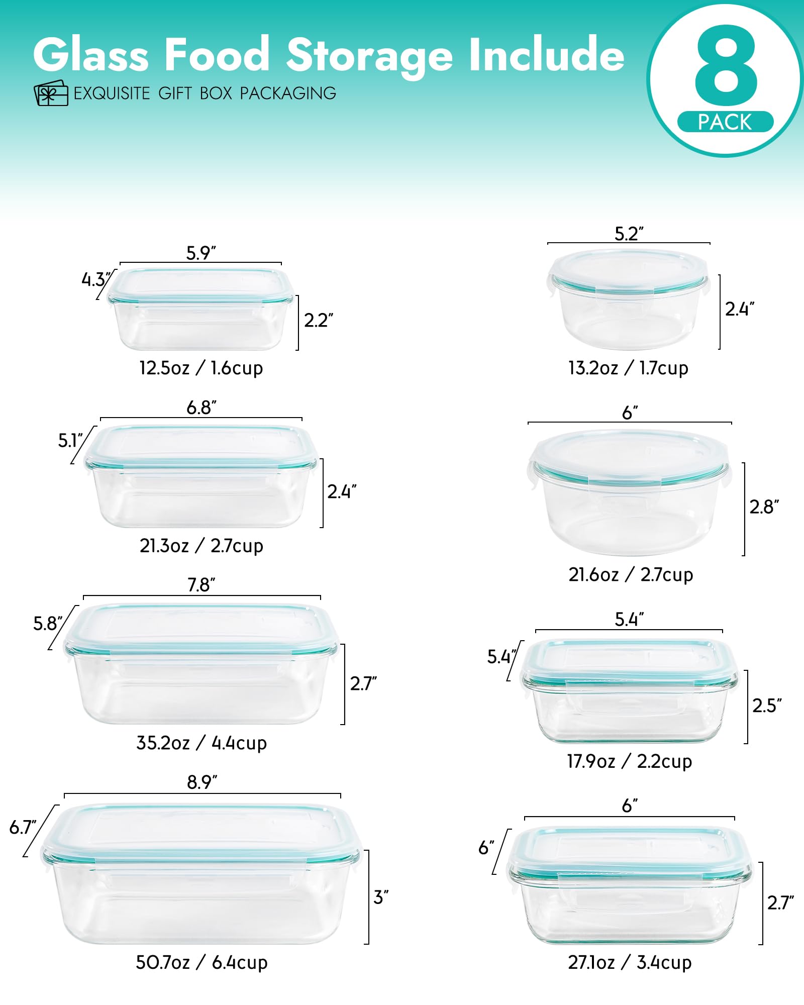 Set di 8 contenitori per alimenti in vetro borosilicato con coperchi ermetici, adatti per forno, microonde e freezer, a prova di perdite, senza BPA, per cottura al forno, preparazione dei