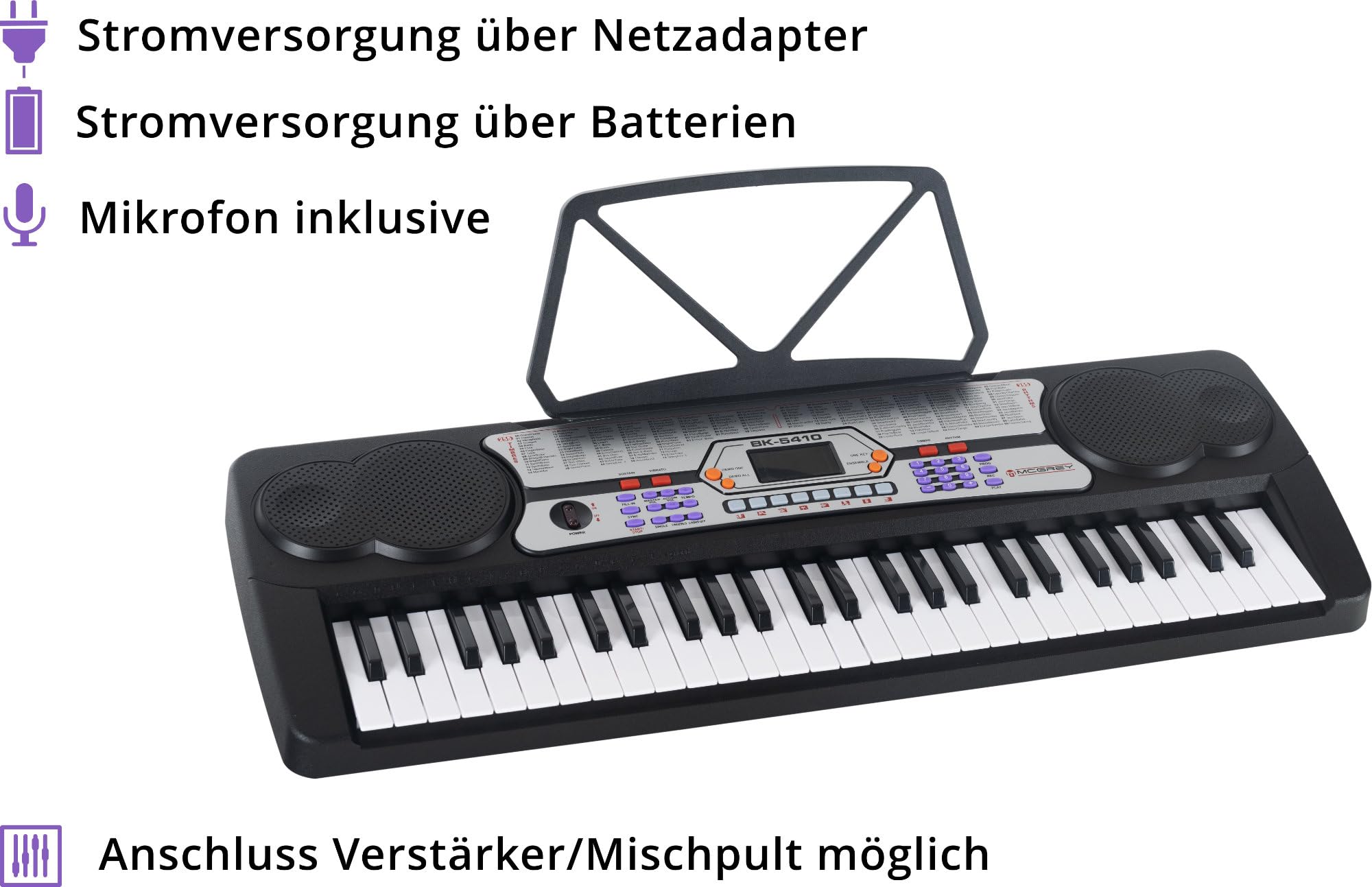 McGrey BK-5410 Beginner-Keyboard Set inkl. höhenverstellbarem Ständer und Sitzbank (54 Tasten, 255 Klangfarben, 255 Rhythmen, 8 Demo Songs, Netzteil, Notenhalter)