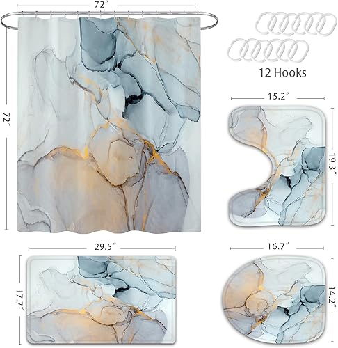 Miniatura 42 de Gibelle Juego de 4 cortinas de ducha de baño con alfombras antideslizantes, cubierta para tapa de inodoro y tapete de baño, juego de decoración