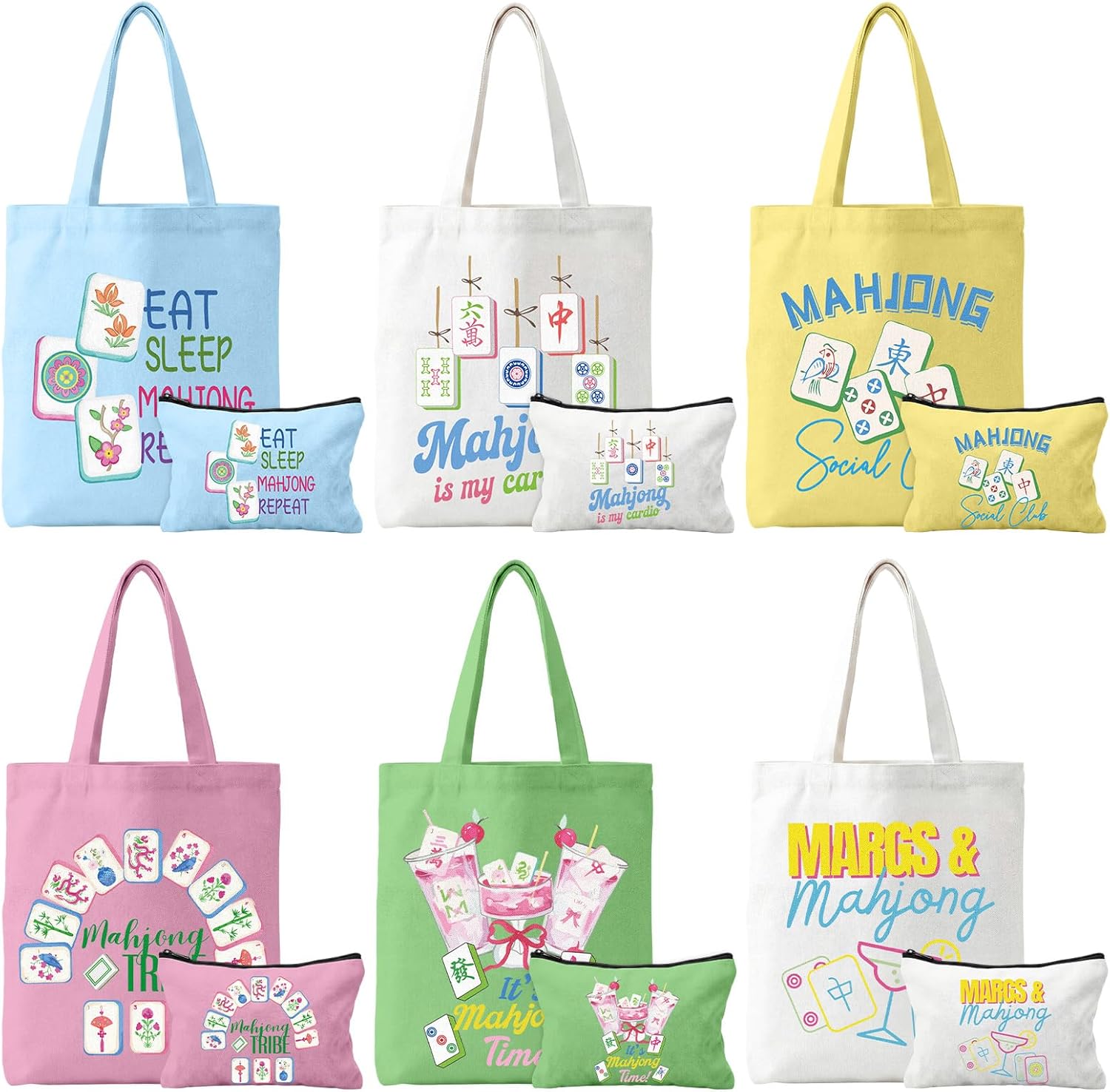 Tallew 12 Pcs Mahjong Canvas Tote Bags Bulk and Makeup Pouches Gifts Set for Women Grocery Bags with Handles Zippered Cosmetic Pouch for Mahjong Lover Player Friend Mom Grandma Lucky Birthday Gift