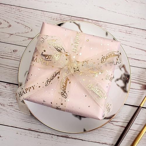 Miniatura 5 de HUIHUANG Rollo de cinta de feliz cumpleaños con estampado dorado, cinta transparente beige, caja de regalo, decoración de fiesta de cumpleaños,