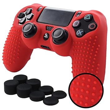PS4 Controller Grips,Pandaren Studded Anti-Slip Silicone Cover Skin Set Compatible for PS4 /Slim/PRO Controller(Red Controller Skin x 1 + FPS PRO Thumb Grips x 8)