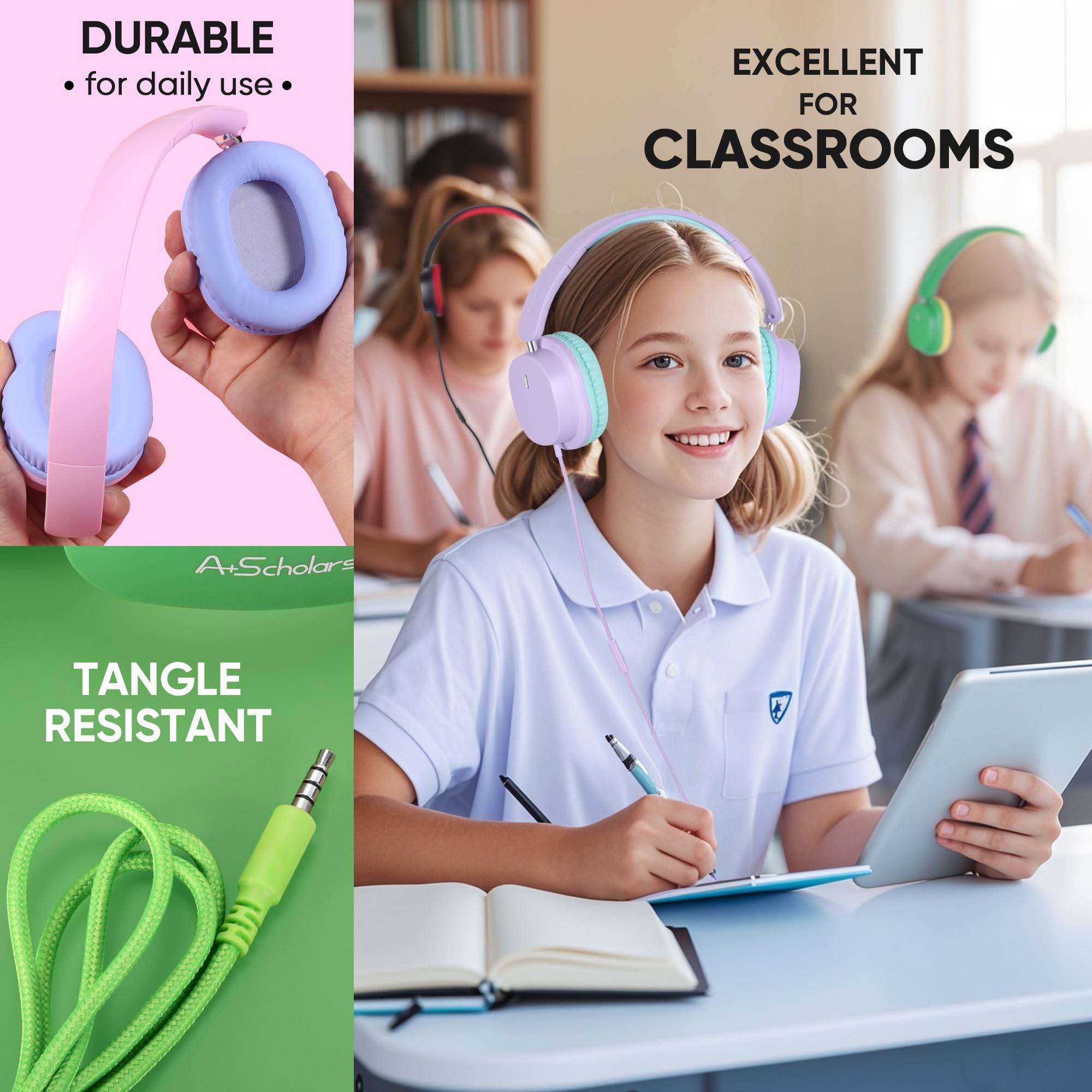 Słuchawki dla dzieci do szkoły, zestaw 5-pak, nauszne, 3,5 mm, przewodowe, składane słuchawki do szkół, domu, bibliotek, regulowane, amortyzowane słuchawki (różne kolory)