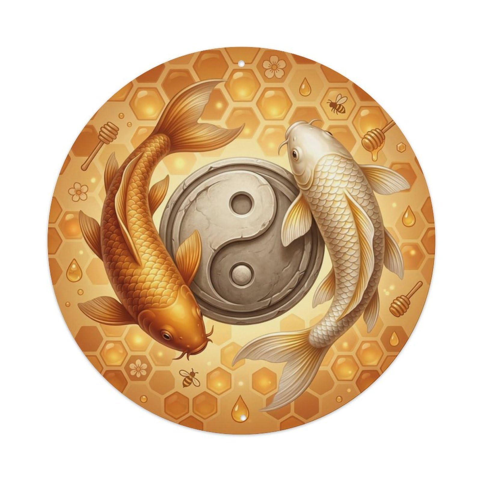 Japanese Koi Symbol Gold Zen Prosperity Classic Metal Tin Sign Plaque Wall Decor for Cafe, Man Cave, Club Bar, Office, Home Garden Round Metal Poster 8x8Inch