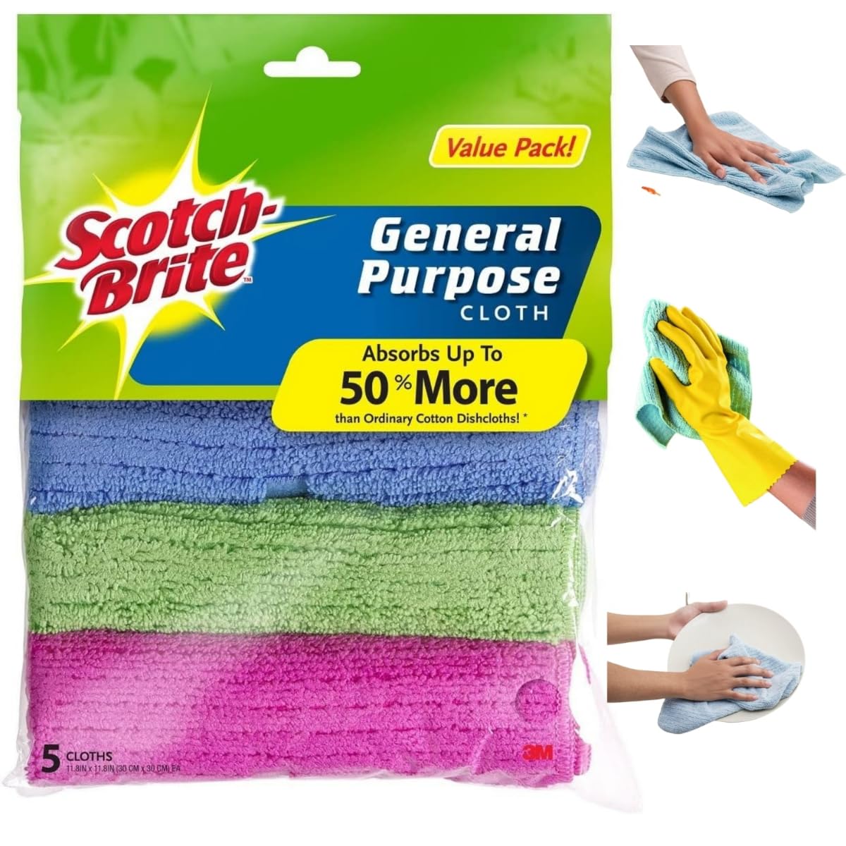 Scotch-Brite Microfiber Cloth General Purpose, Value pack 5 units/pack | Multi-Purpose | Efficient and effective cleaning cloth | Remove dust and dirt | Cleaning cloth | Sponge cloth
