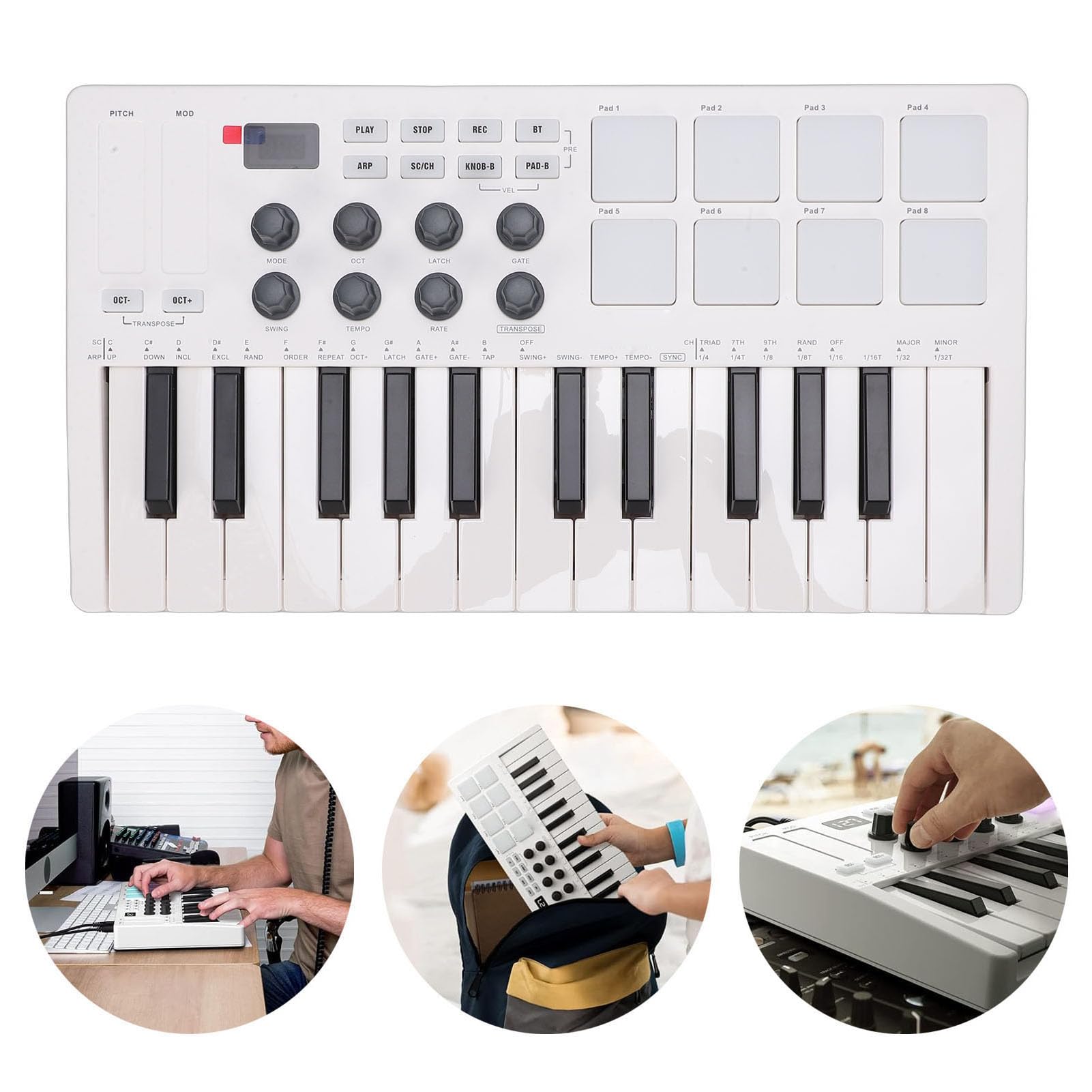 Asixxsix Controller Tastiera MIDI 25 Tasti, Mini Macchina Beat Maker Portatile Wireless Bluetooth con 8 Pad per Batteria Retroilluminati 8 Manopole 2 Touch Strip Capacitivi