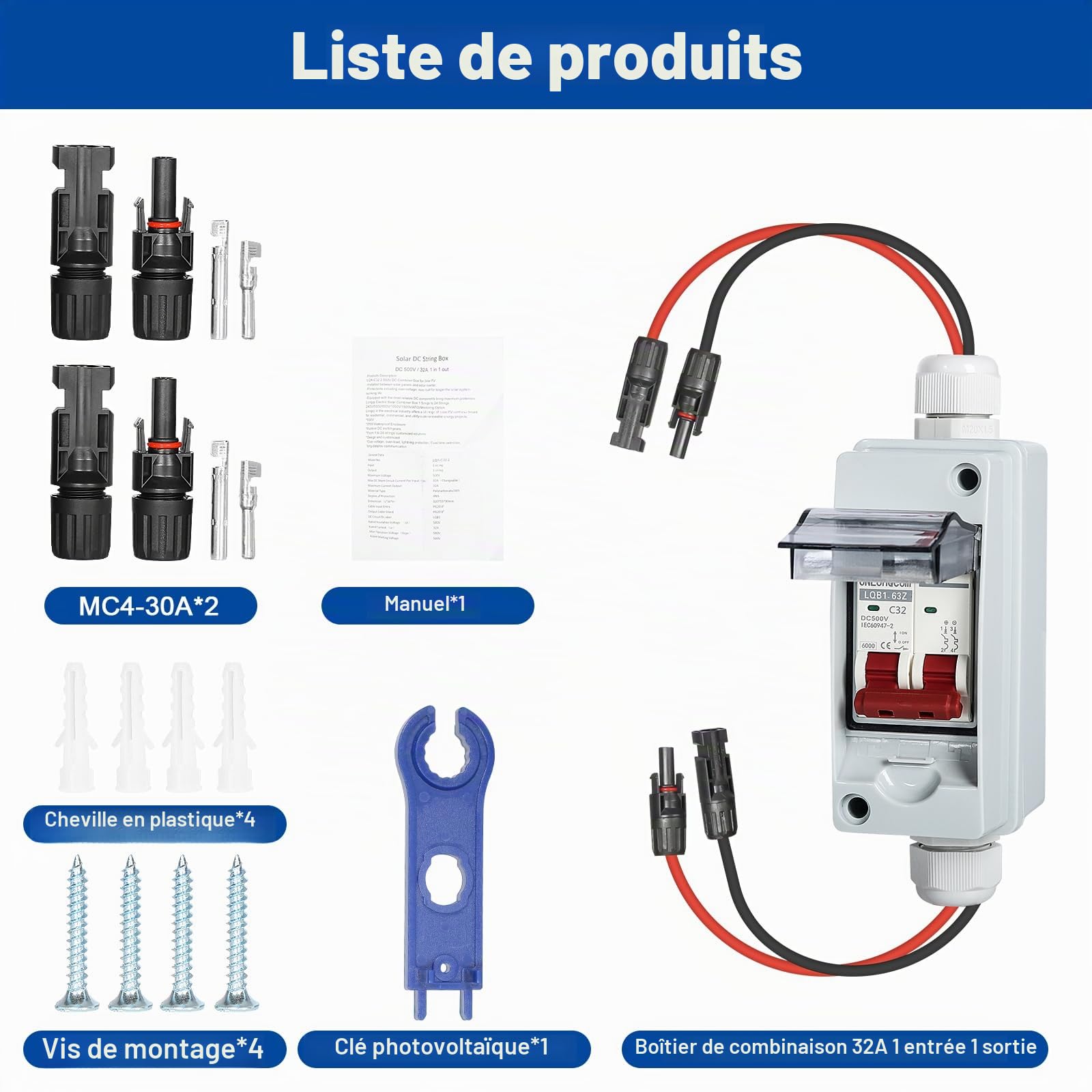 DeWin PV Boîte de Combinaison Solaire, 1 en 1 sur DC500V Interrupteur d'isolement Disjoncteur électriques Extérieur étanche Solaire Photovoltaïque Combiner Box for Système de Panneaux Solaire 32A