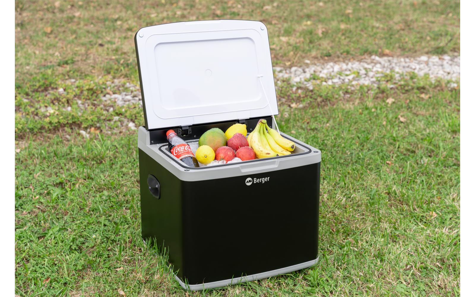 BERGER Kompressor Kühlbox 42 Liter mit 230V & 12V | Hybrid Kühlbox Auto elektrisch | Perfekt für Camping, Picknick & Outdoor | Effiziente Kühlung für unterwegs | Schwarz-Grau