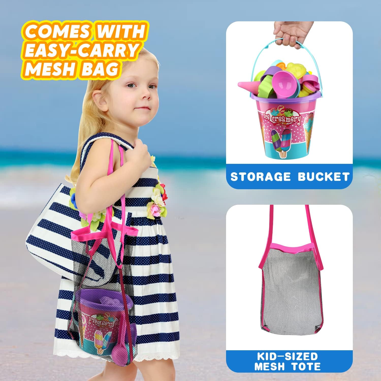 TOY Life Beach Toys for Kids 3-10, Ice Cream Sand Toys for Kids Toddlers Sandbox Toys with Beach Bucket, Sand Shovels, Sand Cupcake Dessert Ice Cream Molds, Mesh Bag, Travel Beach Sand Toys for Girls : Toys & Games