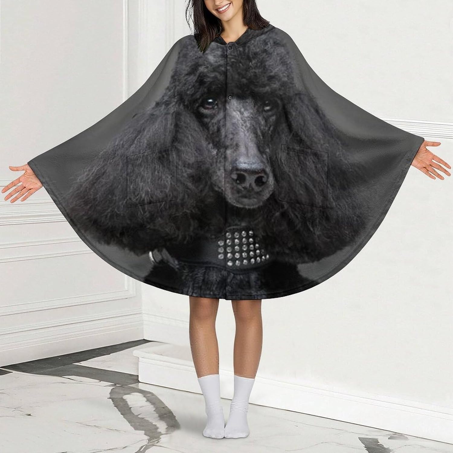 Cute Black Poodle Wearable Blanket with Hooded Flannel Blankets Cape with Pocket