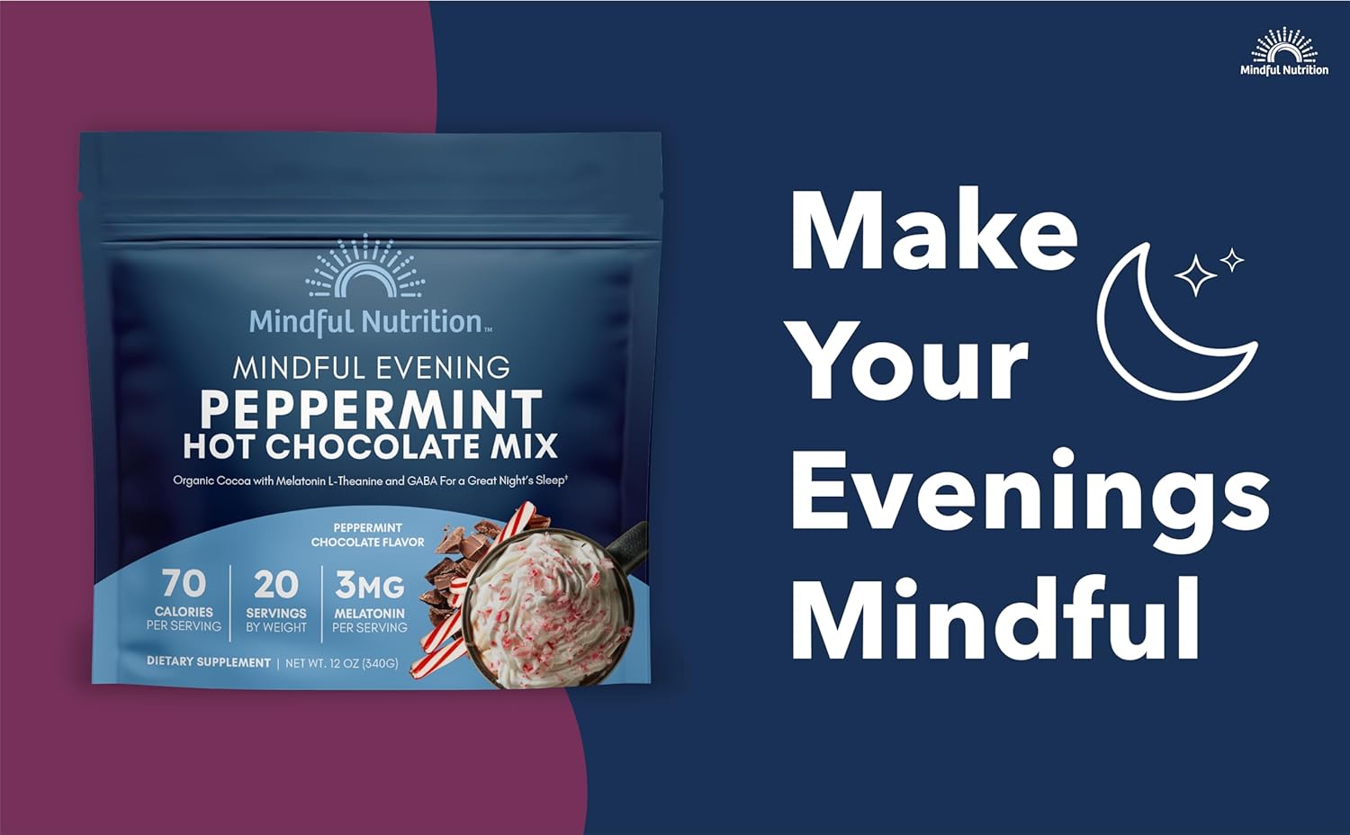 Mindful Evening Peppermint Cocoa Mix Natural Sleep Aid, Melatonin 3mg, L-Theanine, GABA Supplements, Natural Calm Sleep Support Stress Relief Calm Sleepy Cocoa Nighttime Peppermint Hot Chocolate - Image 5