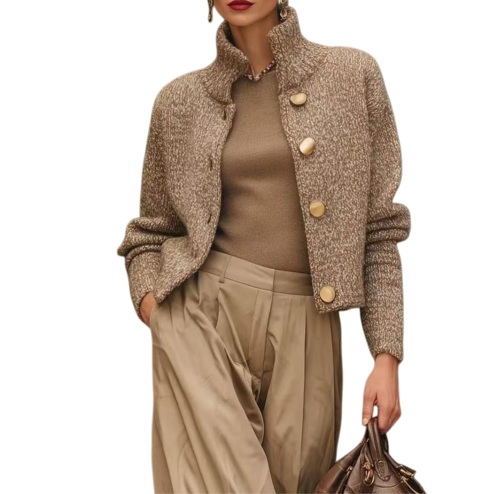 Womens Cropped Sweater Mixed Color Knit High Collar Buttoned Cardigan Coat Business Casual Fashion Office Outfits