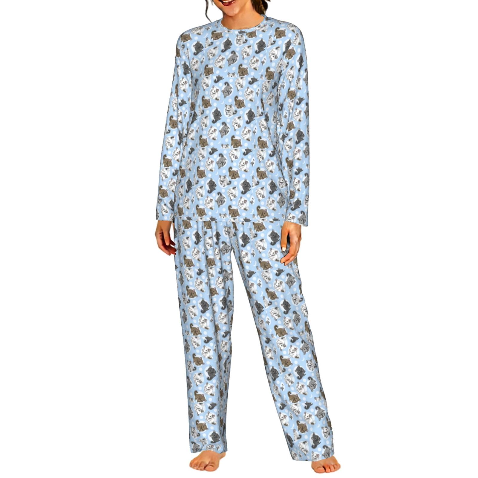 Blu Cincillà E Luna Stampa Delle Donne Maniche Lunghe Pigiama Set Morbido Elastico Coulisse Casual Daywear