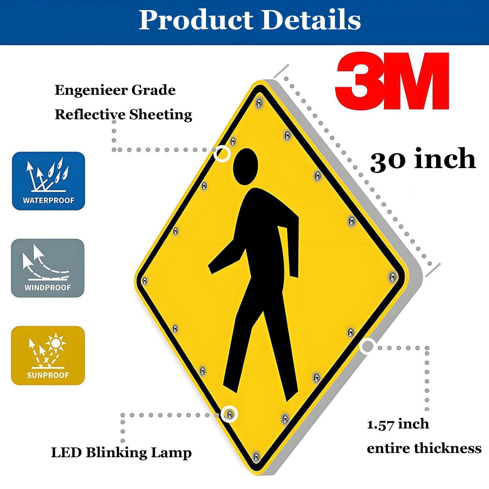 Señal LED solar intermitente para cruce de peatones, señal de advertencia de tráfico vial de aluminio, reflectante de grado de ingeniero, impermeable IP65, LED blancos de alto brillo para seguridad