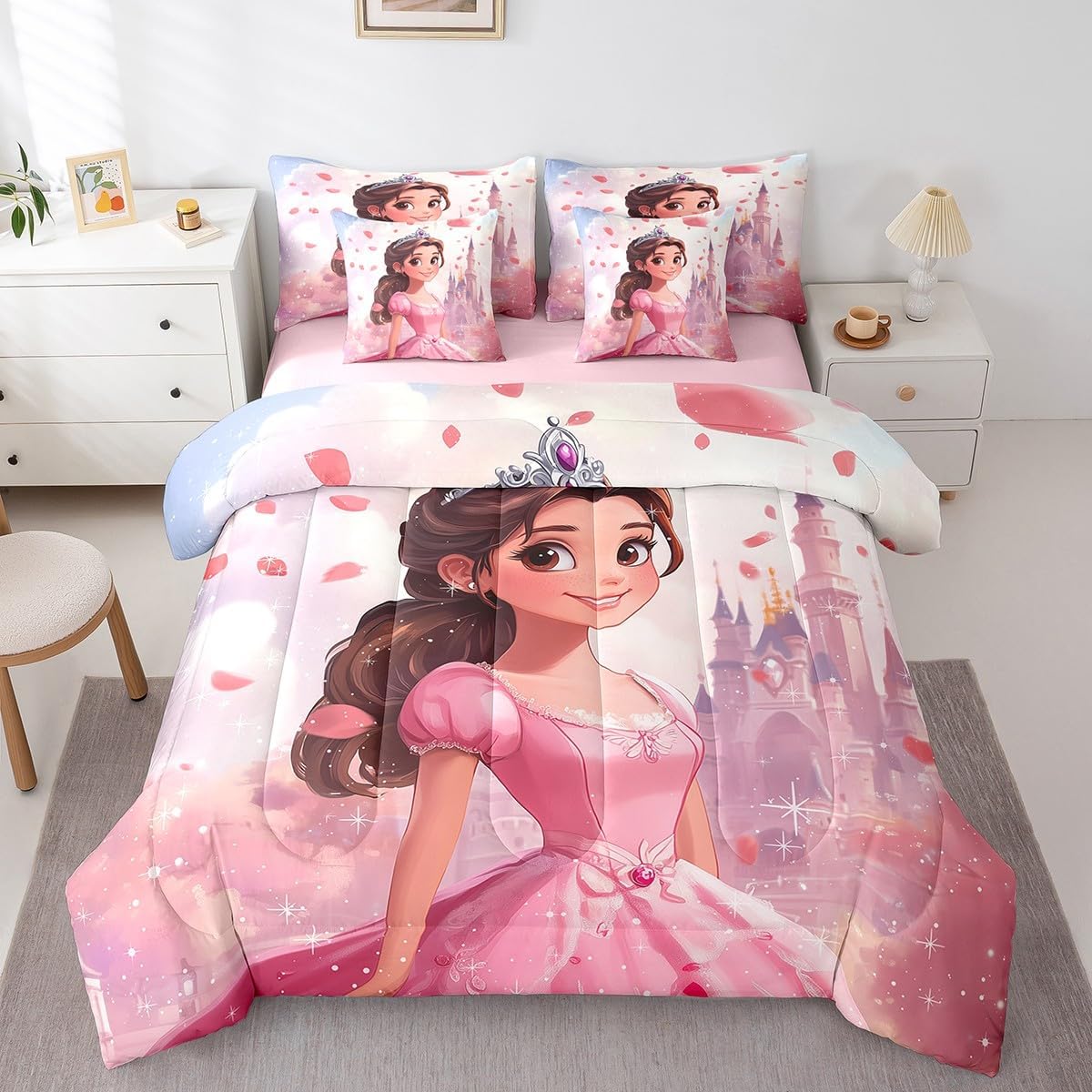 Princess Castle Comforter Set 7 Pieces,Cartoon Fairy Tale Themed Bed Set for Kids Adults,Glitter Pink Bedding King with 1 Comforter,1 Fitted Sheet,1 Flat Sheet,2 Pillowcases,2 Throw Pillow Cover