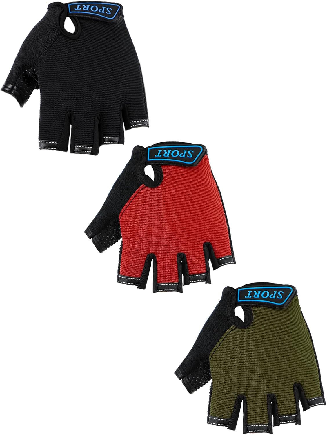 Boao 3 Pairs Kids Bike Gloves for Ages 4-10, Half Finger Non-Slip Breathable Adjustable Workout Gloves for Boys Girls Cycling