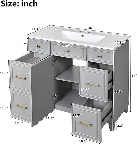 Miniatura 10 de Bellemave Juego de tocador de baño de 36 pulgadas con fregadero fregadero único armario agitador con puerta de cierre suave y cajón sin espejo azul
