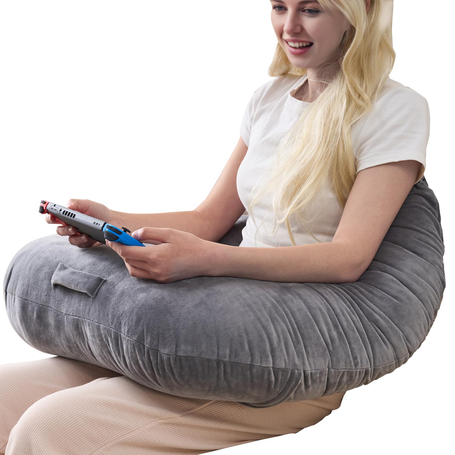 Lesekissen zum Spielen, ergonomische Armstütze zum Spielen, Häkeln, Laptop-Stützkissen zum Sitzen im Bett & Sofa, Haltungskorrektur-Kissen für den Schoß, Samtbezug waschbar (Soft Grau)