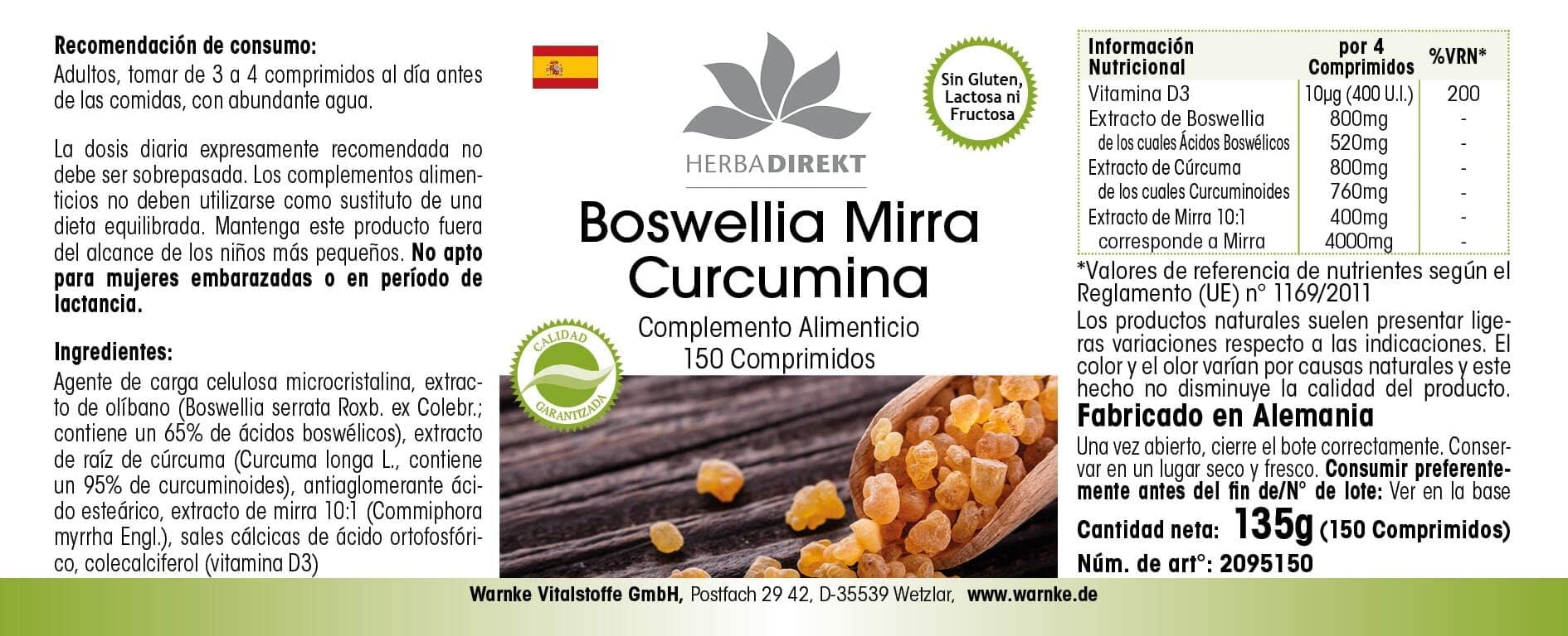 Boswellia Tabletten - mit Myrrhe und Curcumin - 150 Tabletten - mit Vitamin D3 | HERBADIREKT by Warnke Vitalstoffe - Deutsche Apothekenqualität (Packung mit 2)