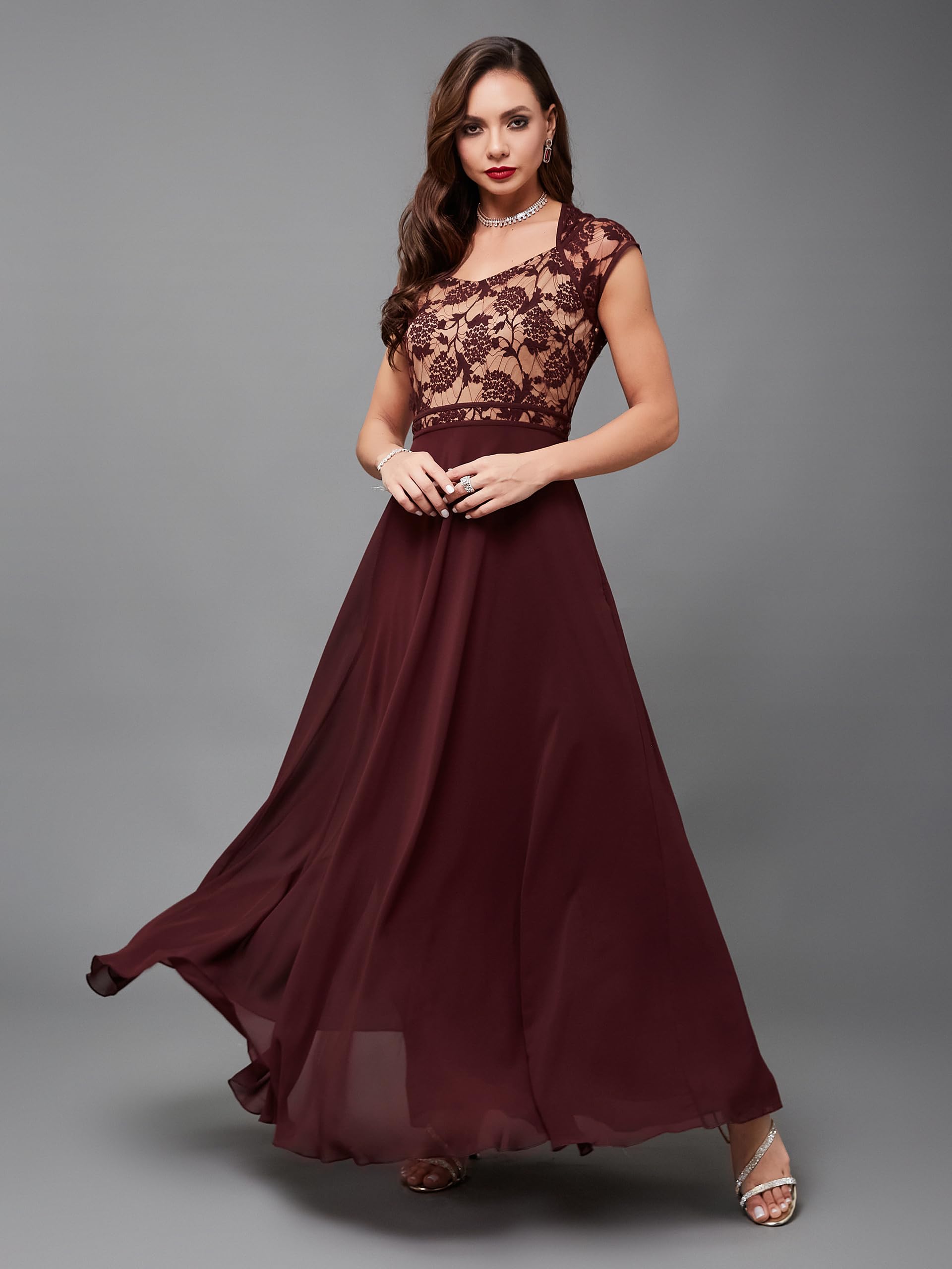 Miss Chase Women's V-Neck Cap Sleeves Lace Overlaid Fit & Flare Maxi Dress With Pockets (Plus (Mcss24D97-12-603-08, Wine & Beige, 3Xl)