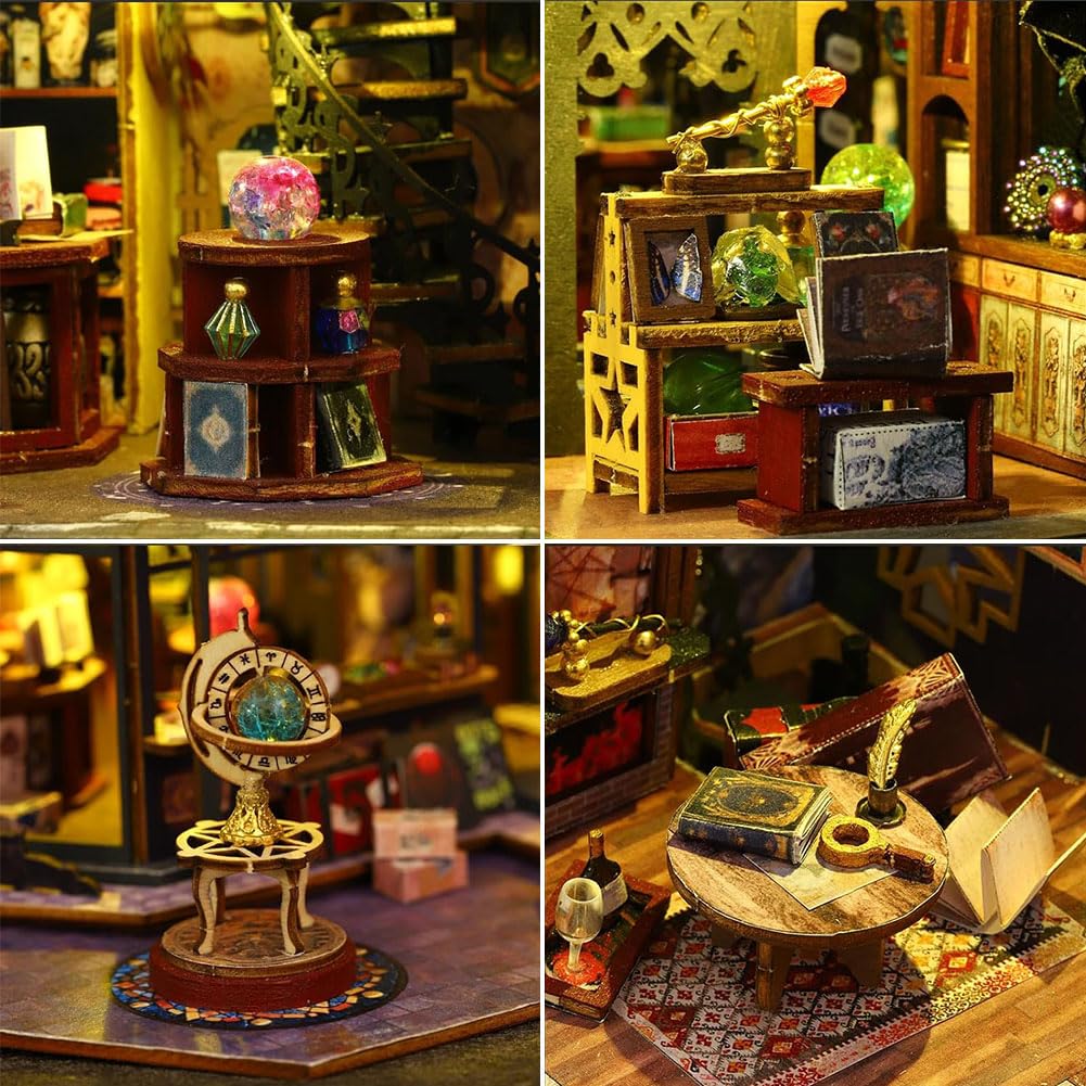 Miniaturowy domek dla lalek DIY z osłoną przeciwpyłową i misic, miniaturowy zestaw domku dla lalek, skala 1:24, magiczny domek dla lalek, kreatywny pomysł na pokój dla dorosłych