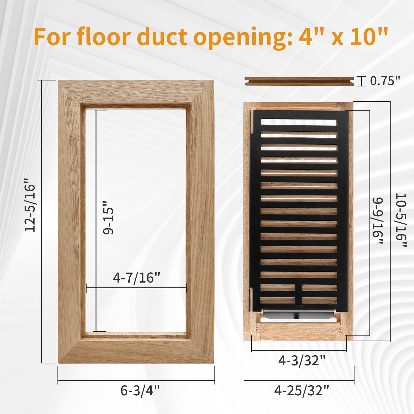 Cubierta de ventilación de roble blanco para piso de casa, ventilación de montaje empotrado con amortiguador de metal, fácil ajuste de flujo de aire, 4 x 10 pulgadas, sin terminar.