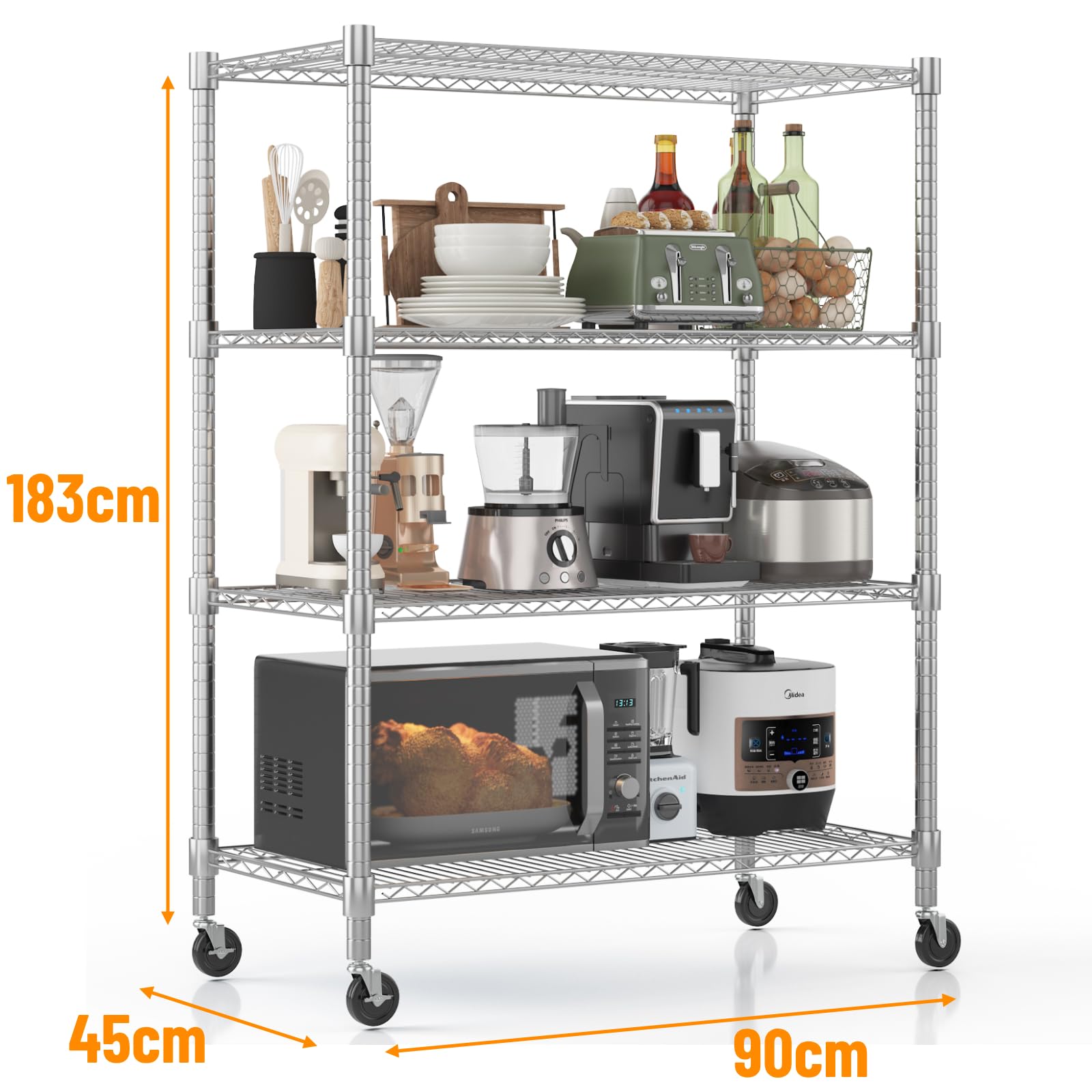 Himimi Estantería de Alambre 4 Niveles con Ruedas, Altura Ajustable, 500 kg, 90x45x183 cm