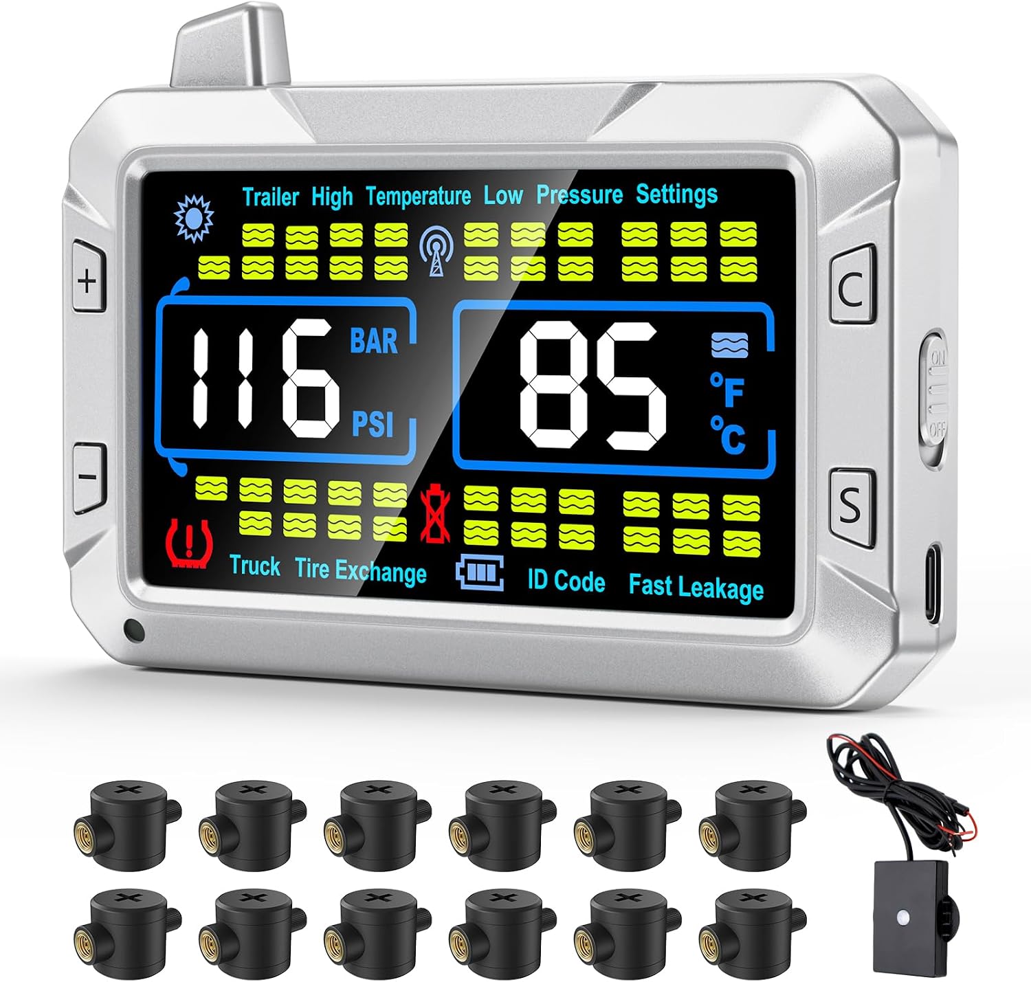 RV Tire Pressure Monitoring System TPMS with Flow‑Through Sensors, 4.3" Color Display, 0‑188 PSI, 6 Alerts, Signal Booster, No Removal Inflation for Trailer, Truck, Camper, 5th Wheel (12 Sensors)