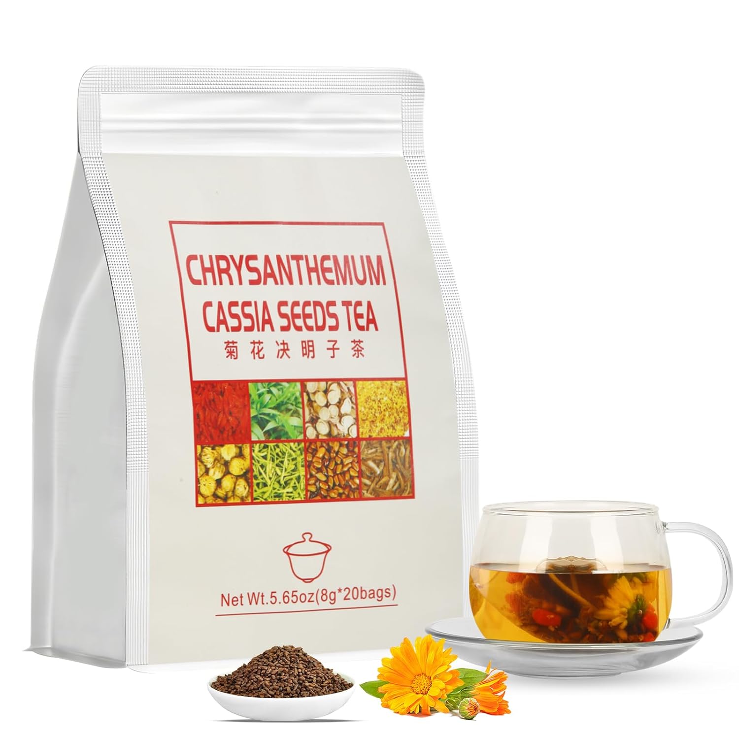 Liver Detox Tea,Chrysanthemum Cassia Seeds Tea Bags(160g, 8gX20Bags), Honeysuckle, Chinese wolf-berry, Sweet-scented Osmanthus, Burdock Root Combination of Floral Tea 菊花决明子茶包