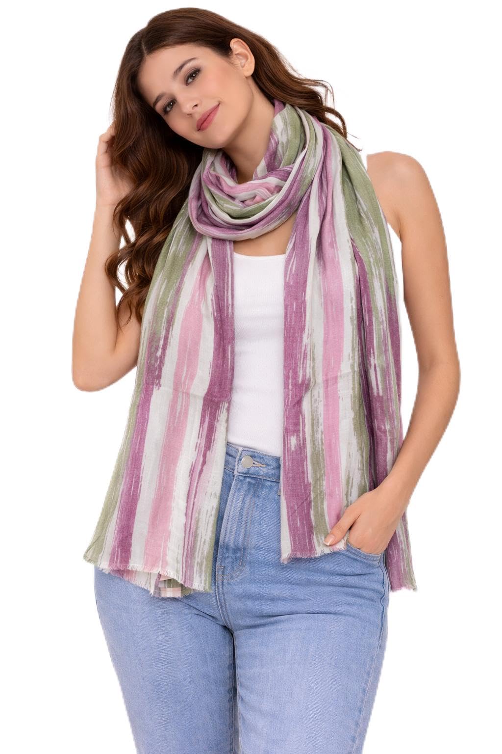 Nyara Atelier Women Brush Stroke Print Striped Scarf Pink Olive-image-16