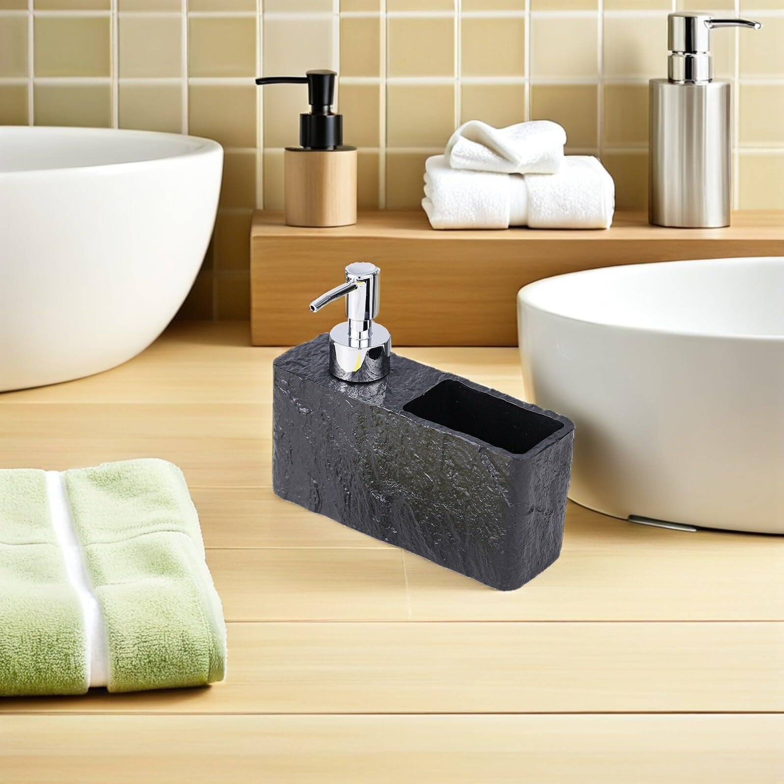 ERINGOGO Dispenser di Sapone Cucina con Porta Spugna Integrato Bottiglia Pompa in Resina Riutilizzabile Organizer Lavello per Detersivo Piatti e Lozione Mani Design Salvaspazio con Texture
