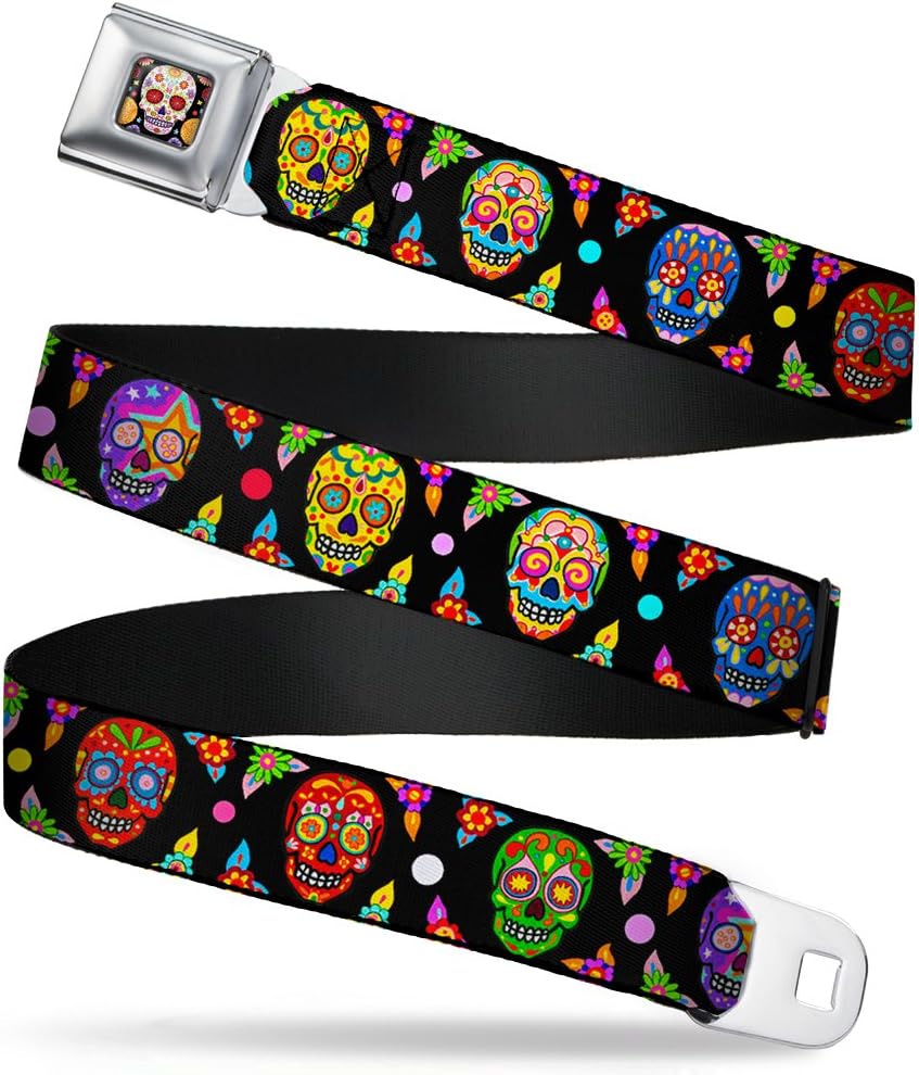 Buckle-Down Seatbelt Belt - Colorful Calaveras Black/Multi Color - 1.0" Wide - 20-36 Inches in Length
