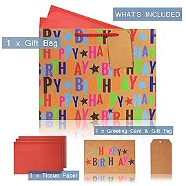 LaRibbons 16.5 Extra Large Kraft Birthday Gift Bag with Tissue Paper and Greeting Card, Colorful Text Happy Birthday and Stars Design, Perfect for Boys, Girls, Kids, Men