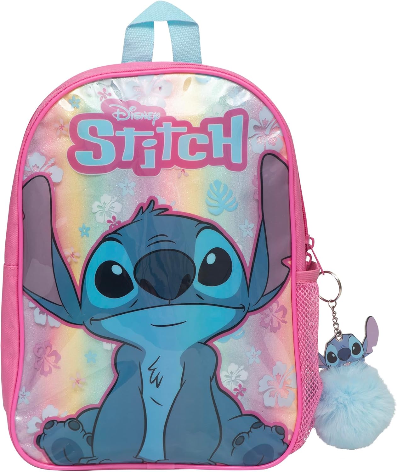 Stitch Disney Kids Rainbow Holographic Backpack with Stitch Pom Pom Keyring & Water Bottle Pocket – Cute Toddler Rucksack for School & Nursery Stitch Disney Kids Rainbow Holographic Backpack with Stitch Pom Pom Keyring & Water Bottle Pocket – Cute Toddler Rucksack for School & Nursery