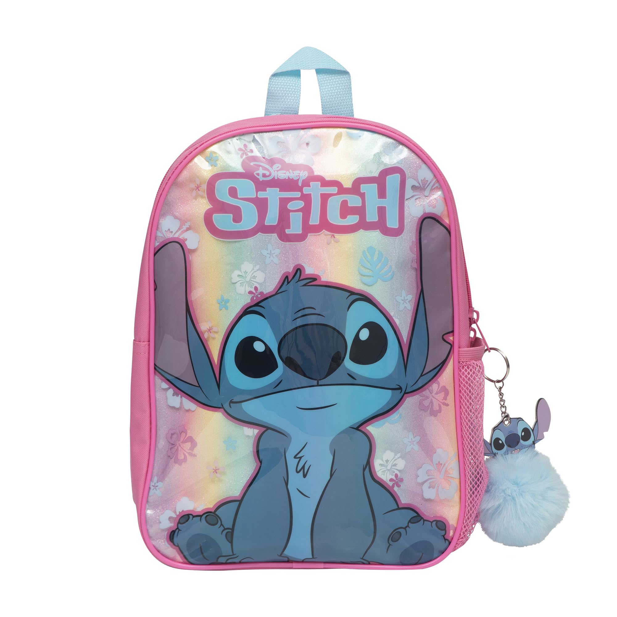 Stitch Disney Kids Rainbow Holographic Backpack with Stitch Pom Pom Keyring & Water Bottle Pocket - Cute Toddler Rucksack for School & Nursery