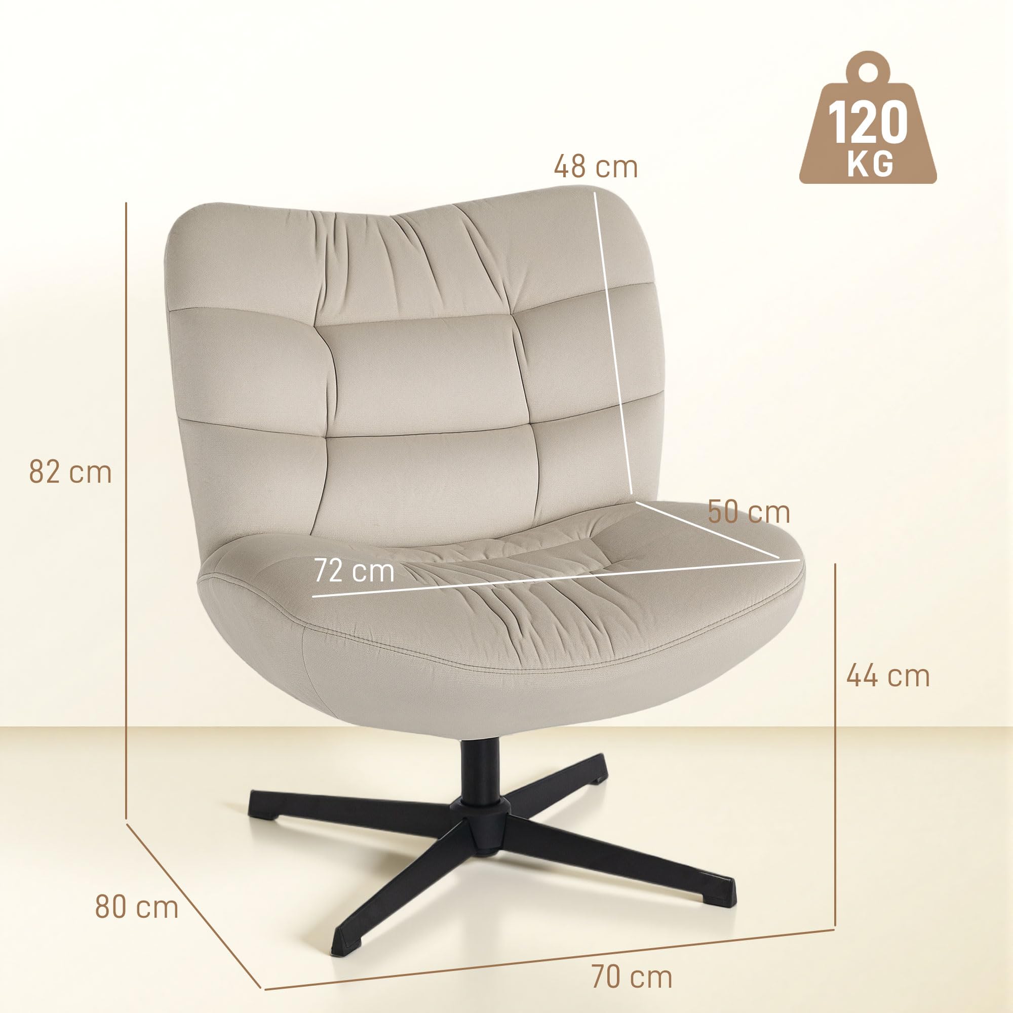 HOMCOM Fauteuil Salon pivotant à 360° en Chenille sans Accoudoirs Crème | Chaise Rembourrée, Assise et Dossier Extra-Larges, Pieds Croisés en Acier, Fauteuil de Chambre, Salon, Bureau