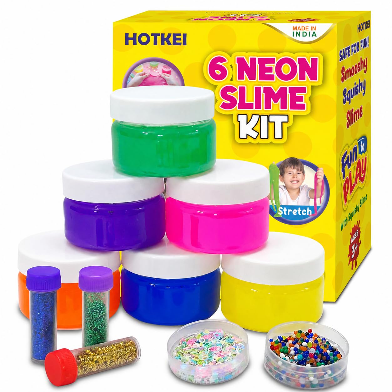 HOTKEI (6 Neon Slime kit) DIY Neon Colored Fruit Scented Slimy Slime Gel Jelly Set Kit Air Dry Magical Crystal Clay Putty Toy Kit for Girls Boys Kids Slime with Glitter| Stars | Color Beads Set-image-32