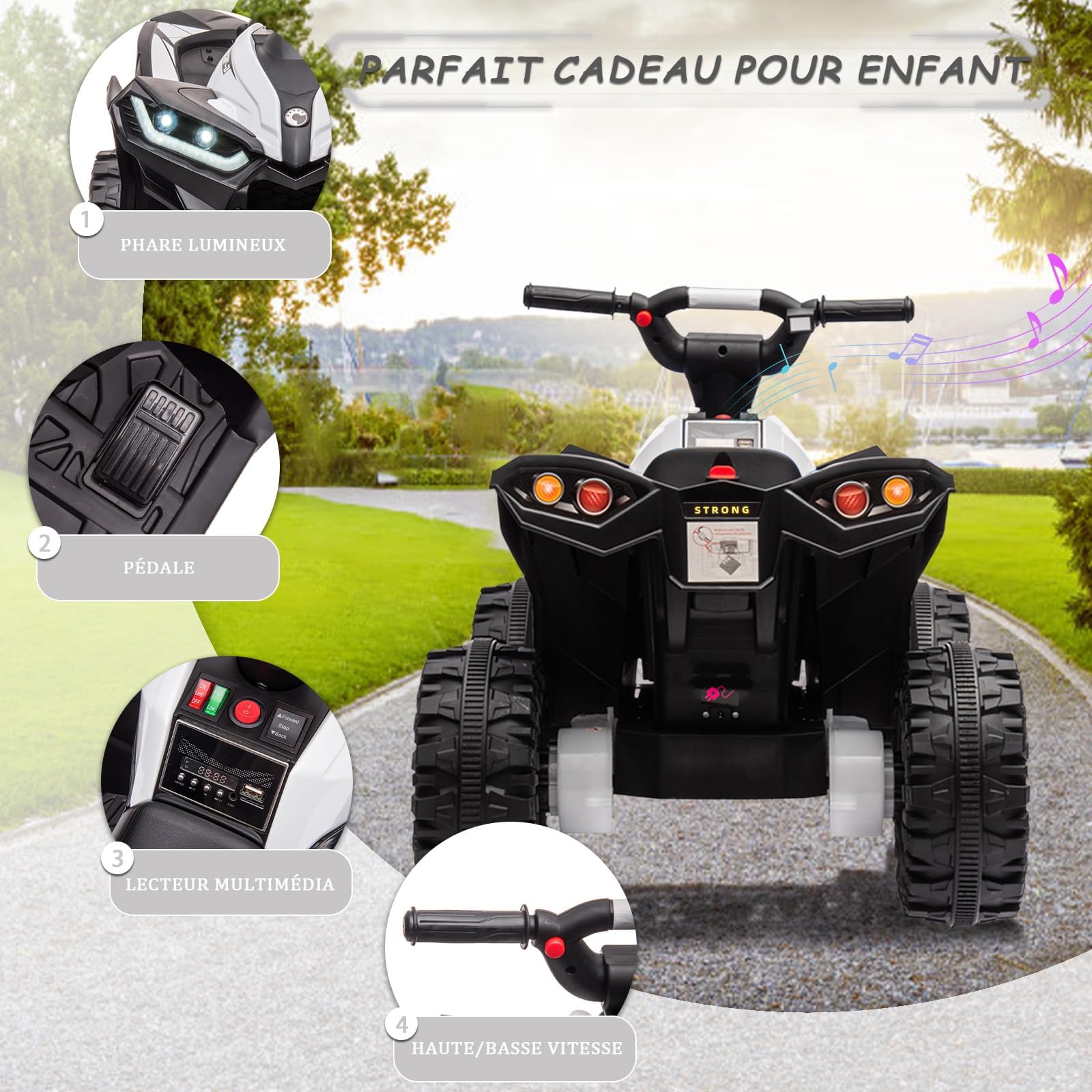 Kinder Quad Elektro 12V ATV Fernbedienung und LED 101cm Weiß | Robustes Off-Road Kinderfahrzeug mit Profilreifen, Musik, USB und Sanftem Start für Sichere Outdoor-Abenteuer im Garten