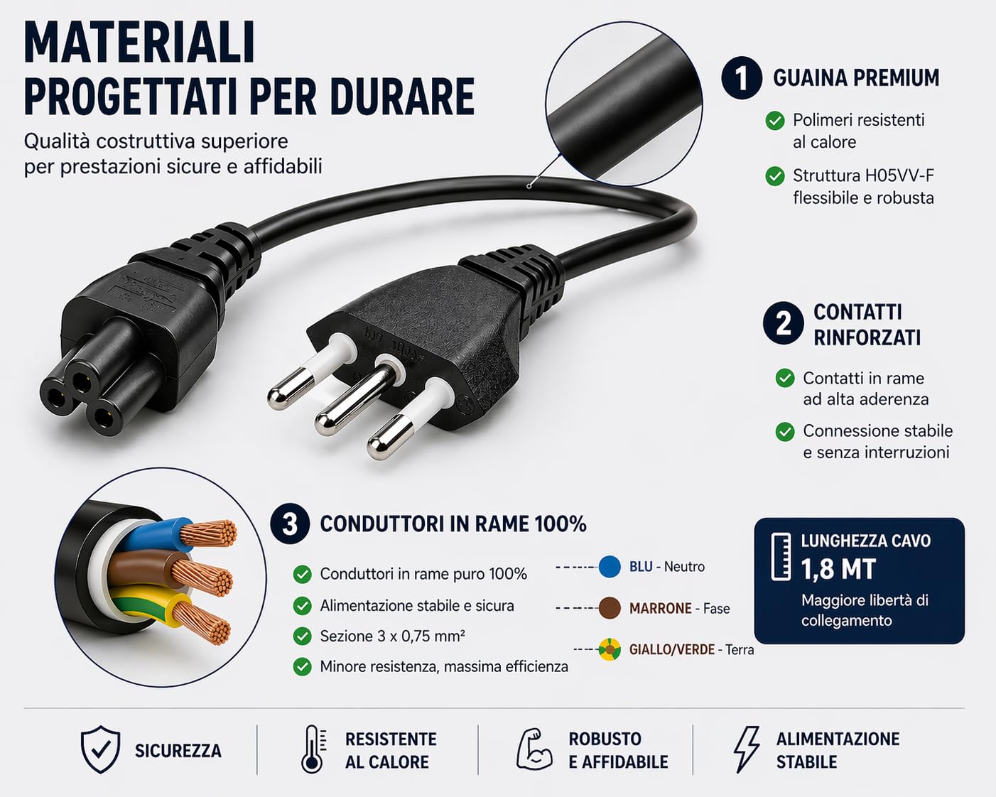 Cavo Alimentazione Notebook 1,8m IEC C5 Trifoglio – Spina Italiana 3 Poli 10A 250V IMQ | Cavo Alimentatore PC Portatile, Monitor, Stampante