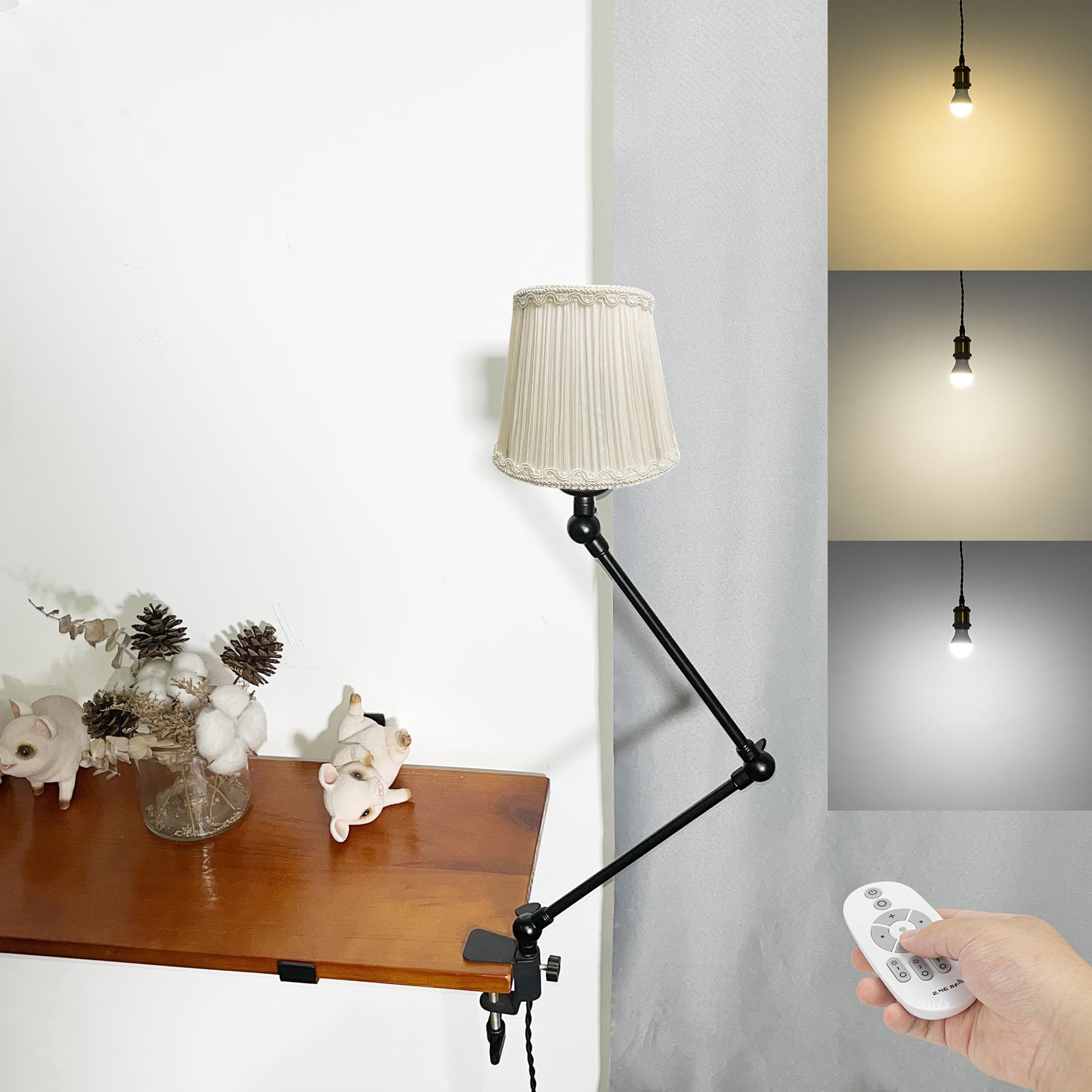 Klemmleuchte mit Fernsteuerung,1 Packung Leselampe mit 2,5 m Kabel, Dimmbar Nachttischlampe,Augenpflege Schreibtischlampe für Büro Heimgebrauch, E27 Lampenhalterung - DZ0330/6