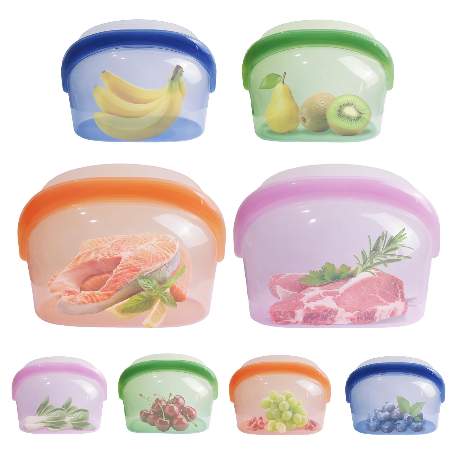8 Pcs Reusable Silicone sealed Food Storage Bags, Multi-Role Food Storage Bags, Leak Proof, Freezer Safe, Microwave Safe, Dishwasher Safe, Eco-friendly