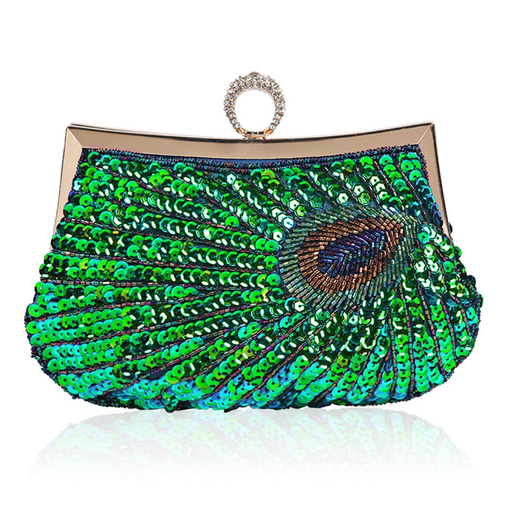 KISSCHIC Vintage Beaded Sequin Peacock Clutch Purse Evening Bags (Blue)