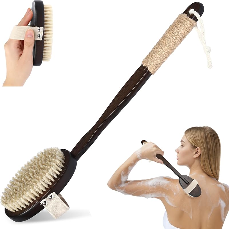 Escova corporal para banho seco e úmido com cerdas naturais de javali CYMPHW, cabo de bambu, marrom