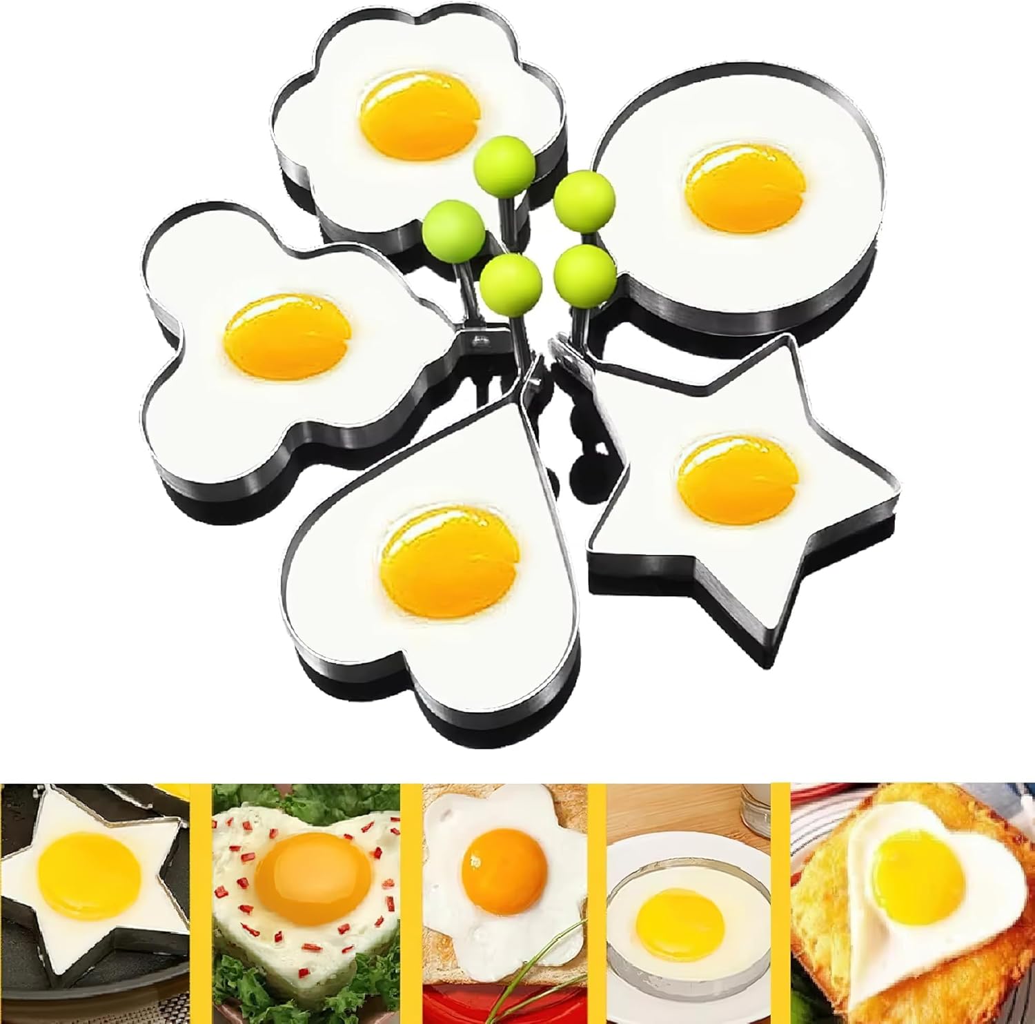 5 Pcs Pancake Molds for Griddle, Stainless Steel egg poacher, Egg Shaper Pancake Maker with Handle, Frying Cooking Kitchen Tool Gadget Rings, Multiple Fun Shapes Perfect for Breakfast Cooking