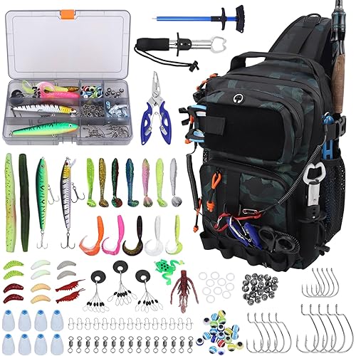 Fishing Backpack with Tackle Boxes,Waterproof Fishing Shoulder Bag for Fishing Gear,Fish Bag with 136 Pcs Fishing Lures Kit,Fish Hook Remover Tool,Fish Lip Gripper,Fishing Plier,Gifts for Men (Green)