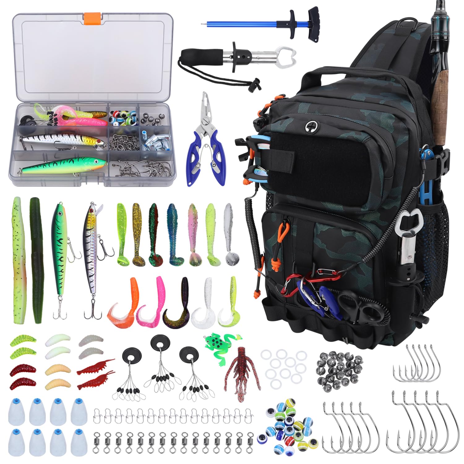 Angelrucksack mit Angelboxen, wasserdichte Angel-Umhängetasche für Angelausrüstung, Fischtasche mit 136-teiligem Angelköder-Set, Fischhakenentferner, Fischlippengreifer, Angelzange, Geschenke für